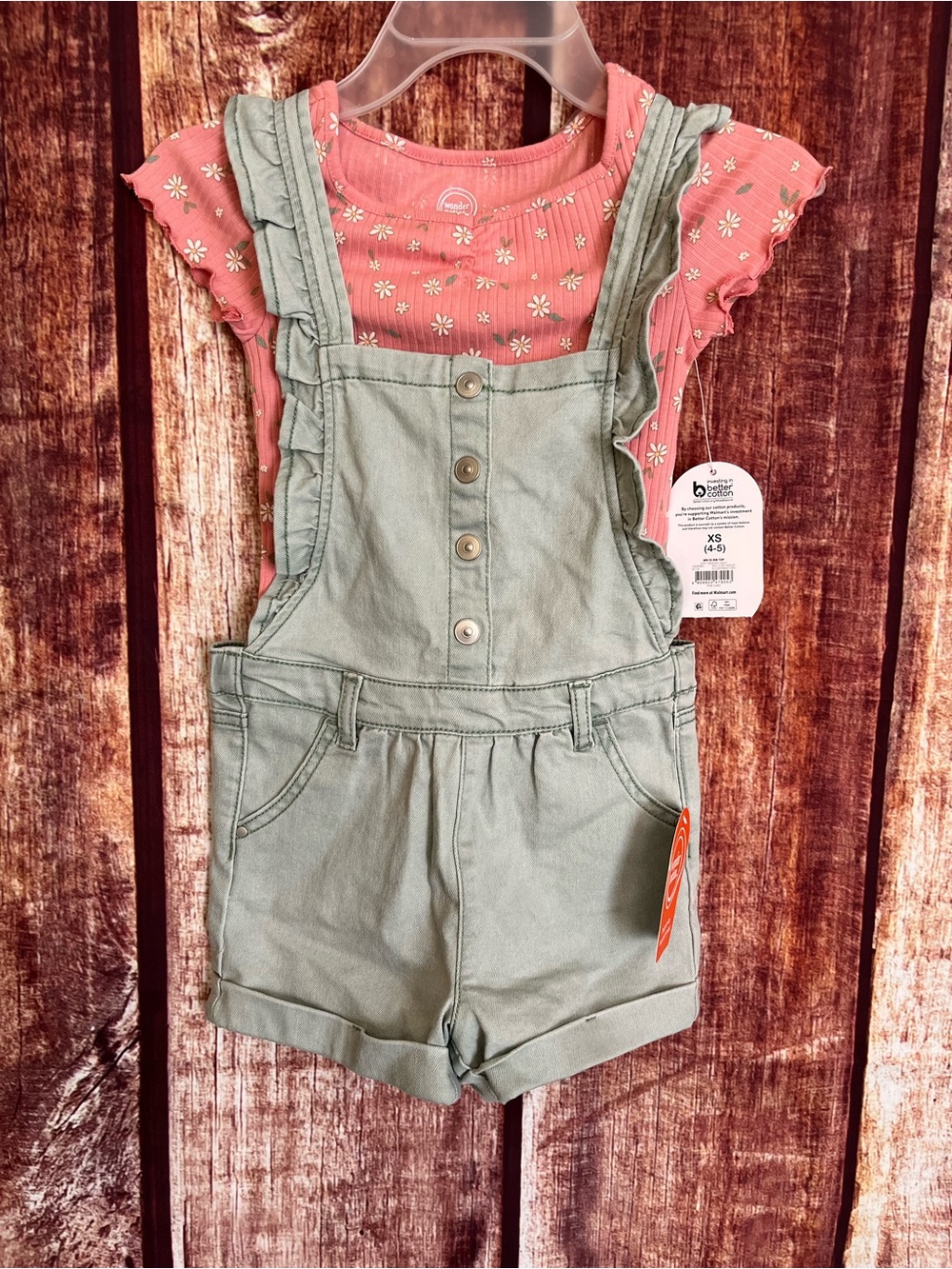 Wonder Nation | Sage Green Denim Shortall with Pink Floral Tee
